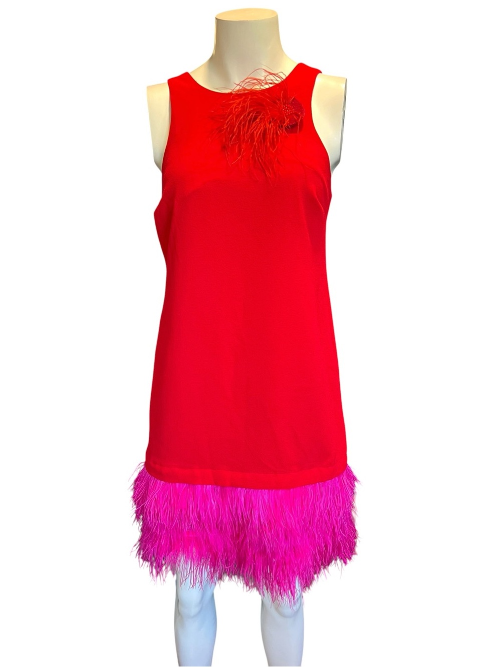 Trina Turk Red Dress with Hot Pink Feather Hem